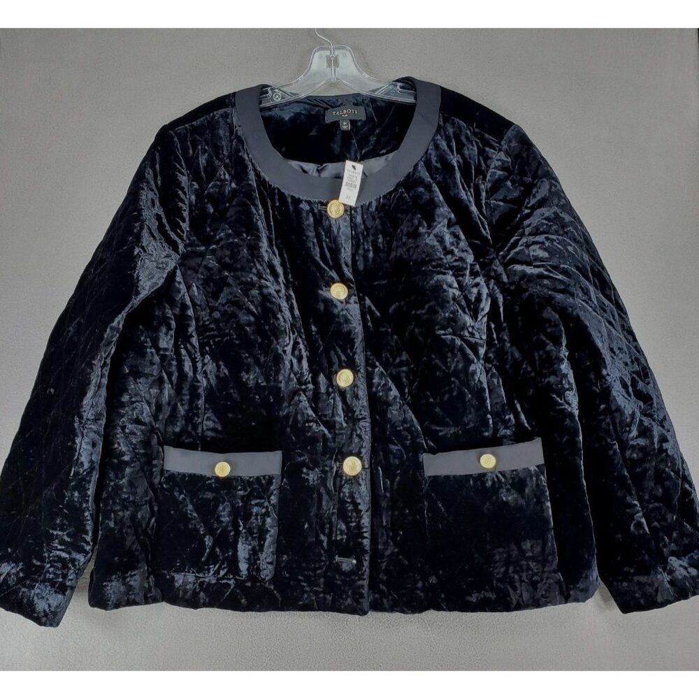 New Talbots Jacket Black Quilted Velvet Blazer 3X‎ Coat Gold Buttons Puffer Suit